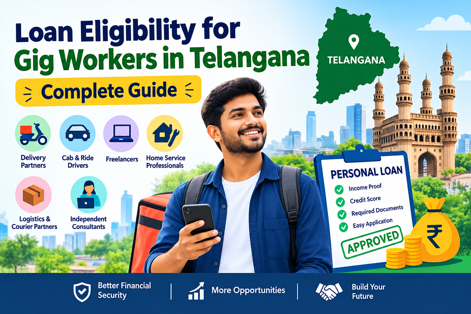 Loan Eligibility for Gig Workers in Telangana – Complete Guide infographic showing gig workers, personal loan eligibility criteria, required documents, credit score tips, and the loan application process in Telangana.
